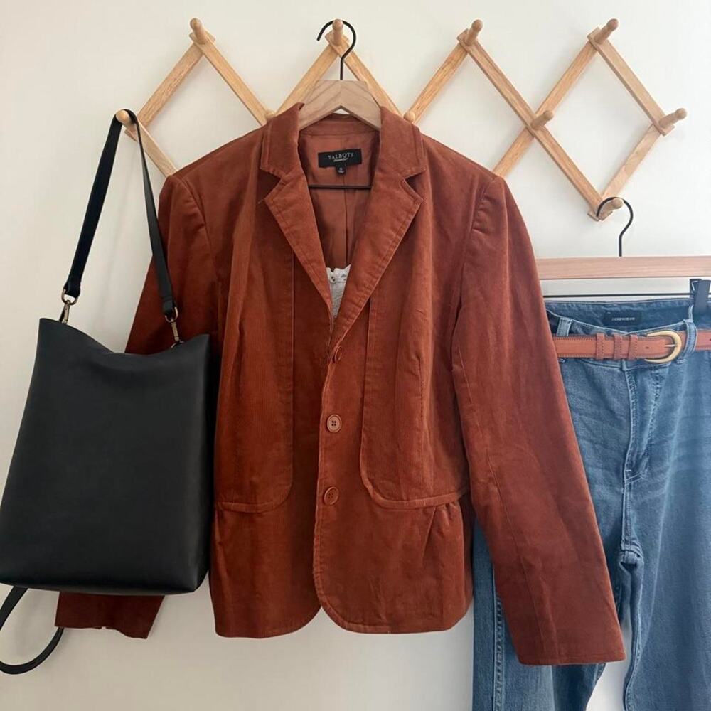 Talbots rust orange corduroy blazer fitted ruffle accent jacket